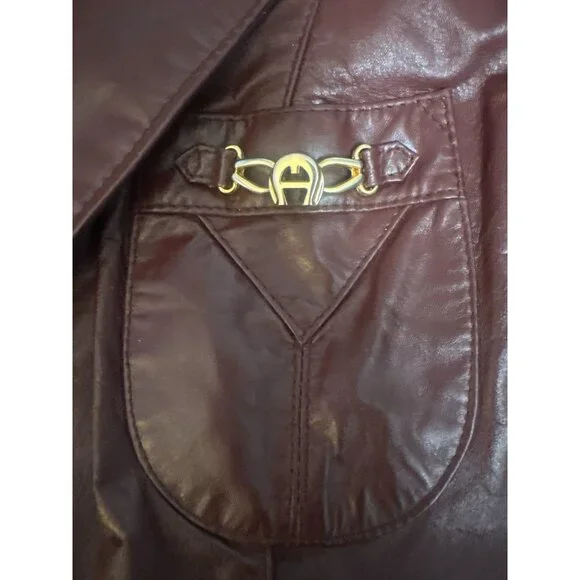 VTG Etienne Aigner Blazer Women M-L Oxblood Leather Notch Collar Jacket 1980s - Picture 6 of 12